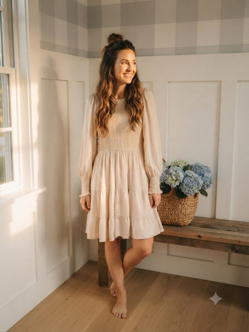 Smocked Waist Cream Long-Sleeve Tiered Midi Dress Small
